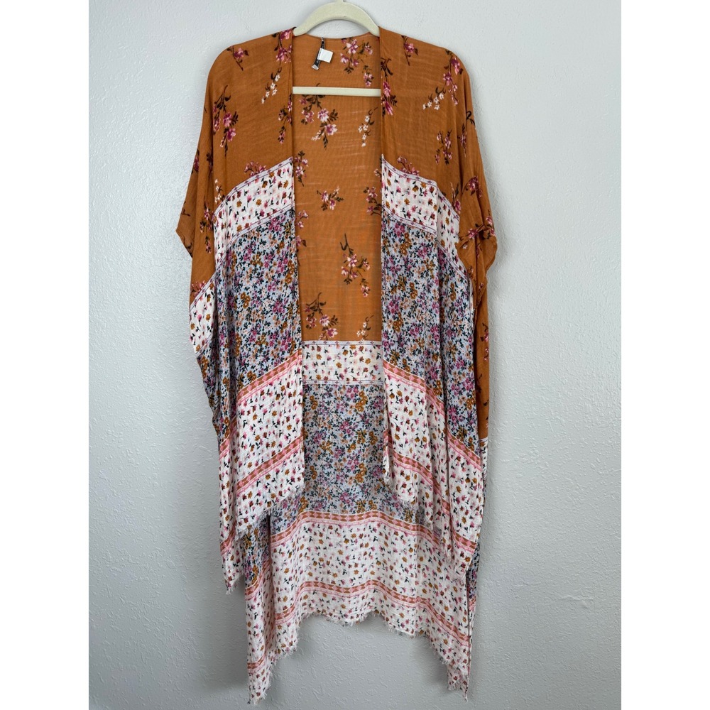 American Eagle Floral Patchwork Kimono Rust Orange Boho Open Front Wrap O/S